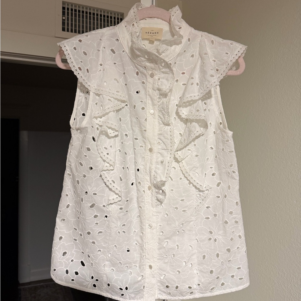 NWOT Sézane White Chiara Eyelet Ruffled Cotton Blouse Tank - Picture 3 of 8